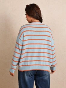 Elaquor Áo cardigan len dệt kim phối màu sọc có cúc cho người size lớn - Màu xanh lam - Xem 2