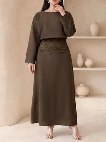 Veilorie Plus Size Elegant Embroidered Long Sleeve Dress For Weekend Outings - Brown - View 3