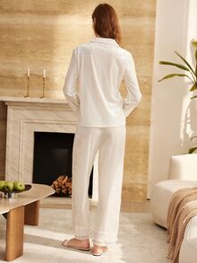 Moireta Women's Button-Up Top And Ruffle Hem Pants Pajama Set - White - View 2