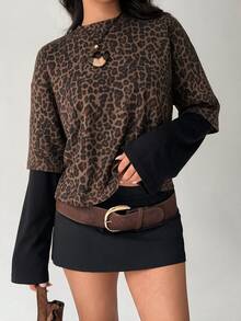 Aloruh Women's Round Neck Casual Leopard Print Pullover Fitted T-Shirt With Patchwork, Y2K Leopard Print T-Shirt - Multicolor - View 8
