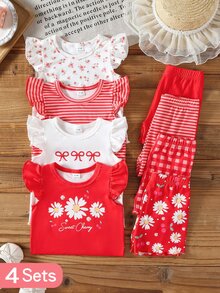 SHEIN 8件組幼女上衣短褲套裝，可愛甜美紅白色系，雛菊櫻桃蝴蝶結荷葉袖圓領，輕盈夏季派對度假花卉款 - 彩色 - 查看 3