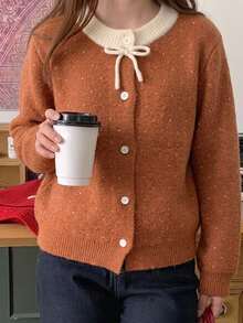 DAZY Girls (Big) Loose Polka Dot Contrast Color Bow Decor Cute Autumn/Winter Sweater Cardigan - Brown - View 4