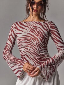 Athîral 女款休閒性感斑馬紋網紗喇叭袖修身上衣，適合度假、夜店、約會、外出，Y2K風格，秋季，萬聖節，棕色 - 紅色 - 查看 7