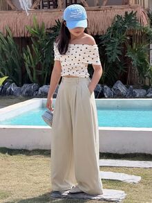DAZY Tween Girl Fall Clothes Girls (Large) Solid Color Woven Wide Leg Long Pants - Beige - View 2