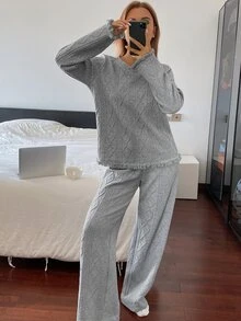DAZY 2pcs/Set Women's Loose Long Sleeve Top & Straight Leg Long Pajama Pants Sleepwear Set, Autumn/Winter - Grey - View 1