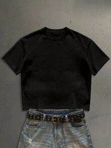 StoneGrade American Vintage English Typography Fashion Print Pattern Men's Black Standard Size Cropped Loose Fit Short Sleeve T-Shirt - Black - View 3