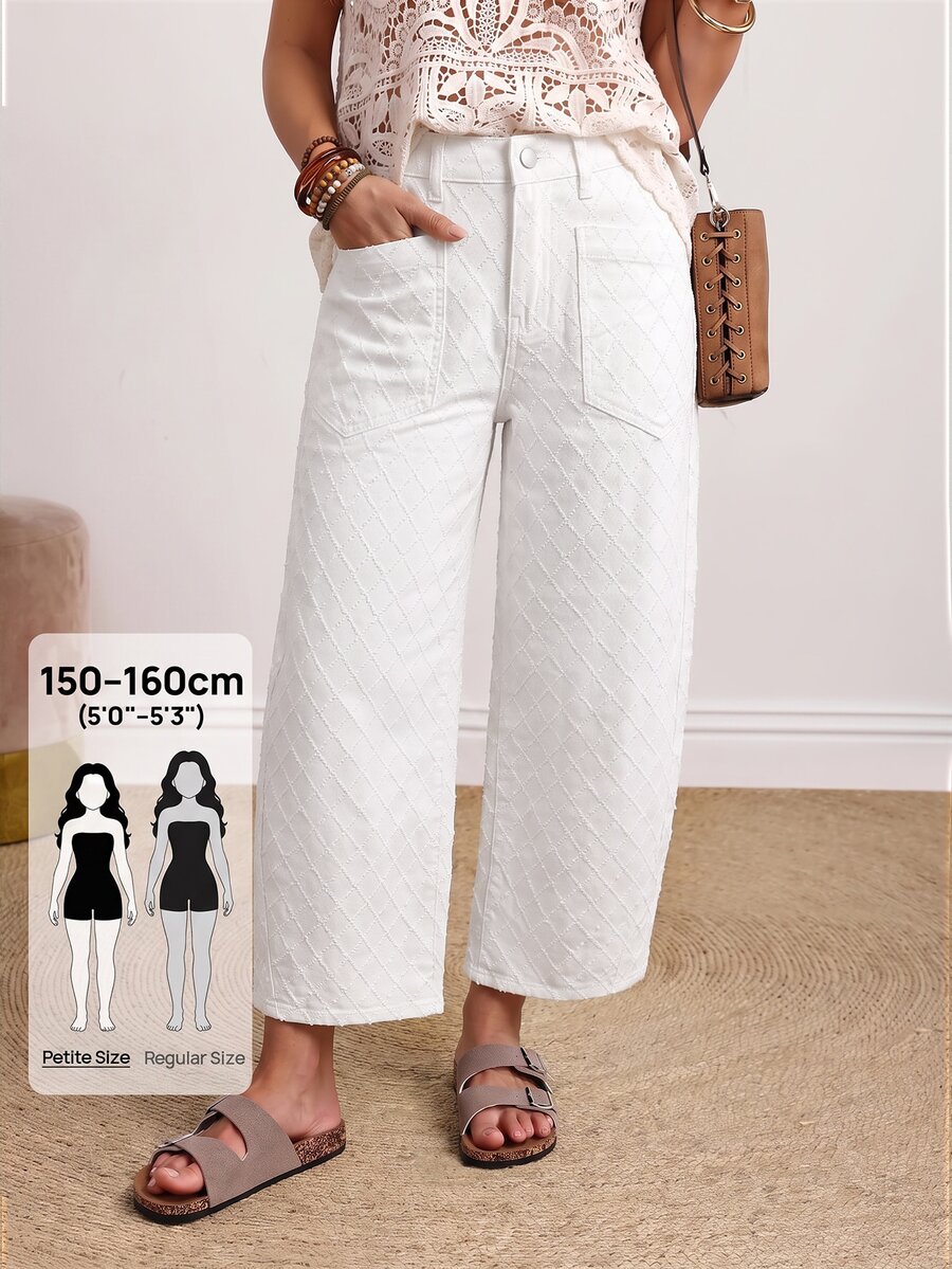 SHEIN PETITE 女款口袋設計休閒錐形牛仔褲 - 白色 - 查看 1