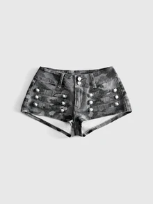 ROMWE Grunge Punk 辣妹風騎馬風金屬鈕扣設計超低腰緊身牛仔迷你短褲 - 灰色 - 查看 1