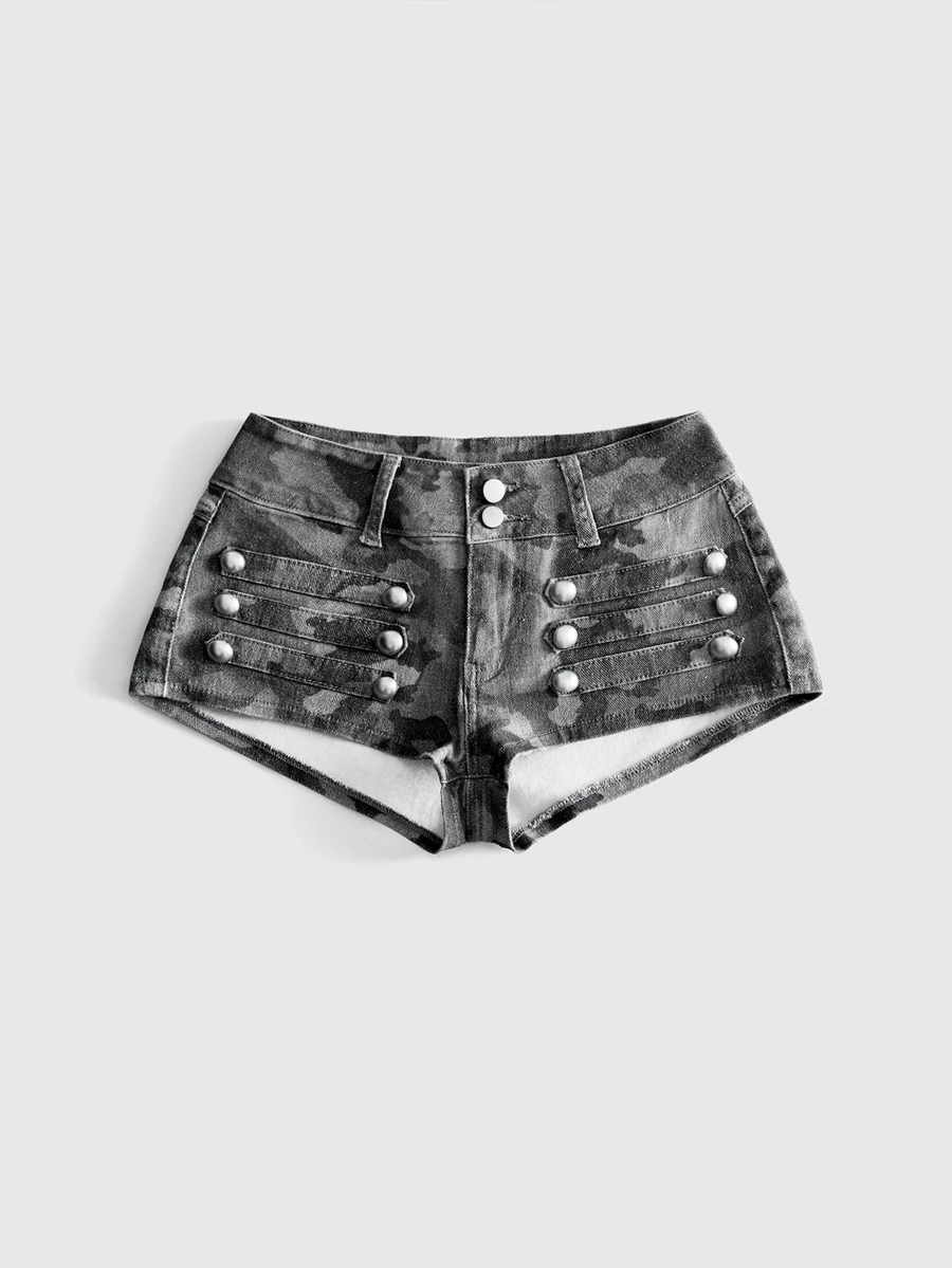 ROMWE Grunge Punk 辣妹風騎馬風金屬鈕扣設計超低腰緊身牛仔迷你短褲 - 灰色 - 查看 1