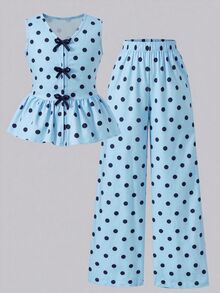 SHEIN 青少年女孩 2件組蝴蝶結鈕扣波點印花背心上衣與長褲 S號套裝，夏季可愛休閒度假穿搭 - 藍色 - 查看 5