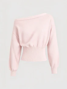 SHEIN 青少年女孩秋冬新款粉色不對稱肩收腰短版毛衣 - 淺粉色 - 查看 2