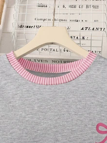 SHEIN 青少年女孩長袖蝴蝶結印花條紋百褶下擺運動衫洋裝，小學派對風 - 粉色 - 查看 7
