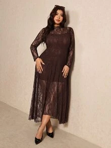 Elaquor Plus Size Vintage Lace Long Sleeve Evening Dress - Coffee Brown - View 3