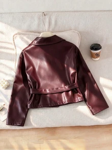 SHEIN 青少年女孩純色腰綁帶休閒百搭長袖夾克 - 酒紅色 - 查看 2