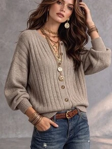 SHEIN Casual Loose Round Neck Long Sleeve Ribbed Knit Cardigan In Apricot For Women, Autumn/Winter - Apricot - View 4