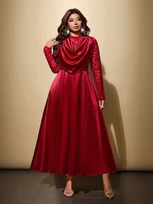 Viva Relle Plus Size Cowl Neck Lace Patchwork Stand Collar Cocktail Dress - Red - View 3