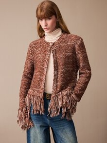Arave Women's Jacket Straight Short Fit Tweed Fringe Hem Cuffs Round Neck Single Button Elegant Brown Textured Autumn Outfit For Women Thanksgiving - Multicolor - View 5