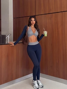 FavEase Women's Plaid Halter Neck Inner Top, Long Sleeve Cardigan And Long Pants Casual Daily Sports Set - Multicolor - View 7