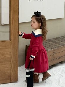 Dazy Kids Infant/Toddler (Girl) Contrast Color Korean Style Long Sleeve Autumn/Winter Dress - Red - View 8