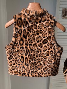 SHEIN EZwear 女款休閒復古老錢風 2000 年代初豹紋無袖毛茸茸短版夾克，米色，適合秋冬日常外出與辦公室穿著 - 咖啡棕 - 查看 2