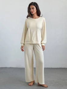 DAZY 2pcs Women's Minimalist Solid Color Loose Long Sleeve Top & Straight Leg Long Pajama Pants Set - Apricot - View 5