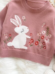 Cozy Pixies 女嬰休閒舒適日常百搭可愛兔子圖案粉色毛衣 - 粉色 - 查看 7