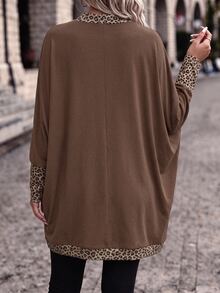 SHEIN Frenchy Women Plus Size Retro Leopard Print Patchwork Brown Lightweight Jacket,Casual Open Front Raglan Long Sleeve Vintage Commuter Jacket ,Autumn , Fall - Multicolor - View 2