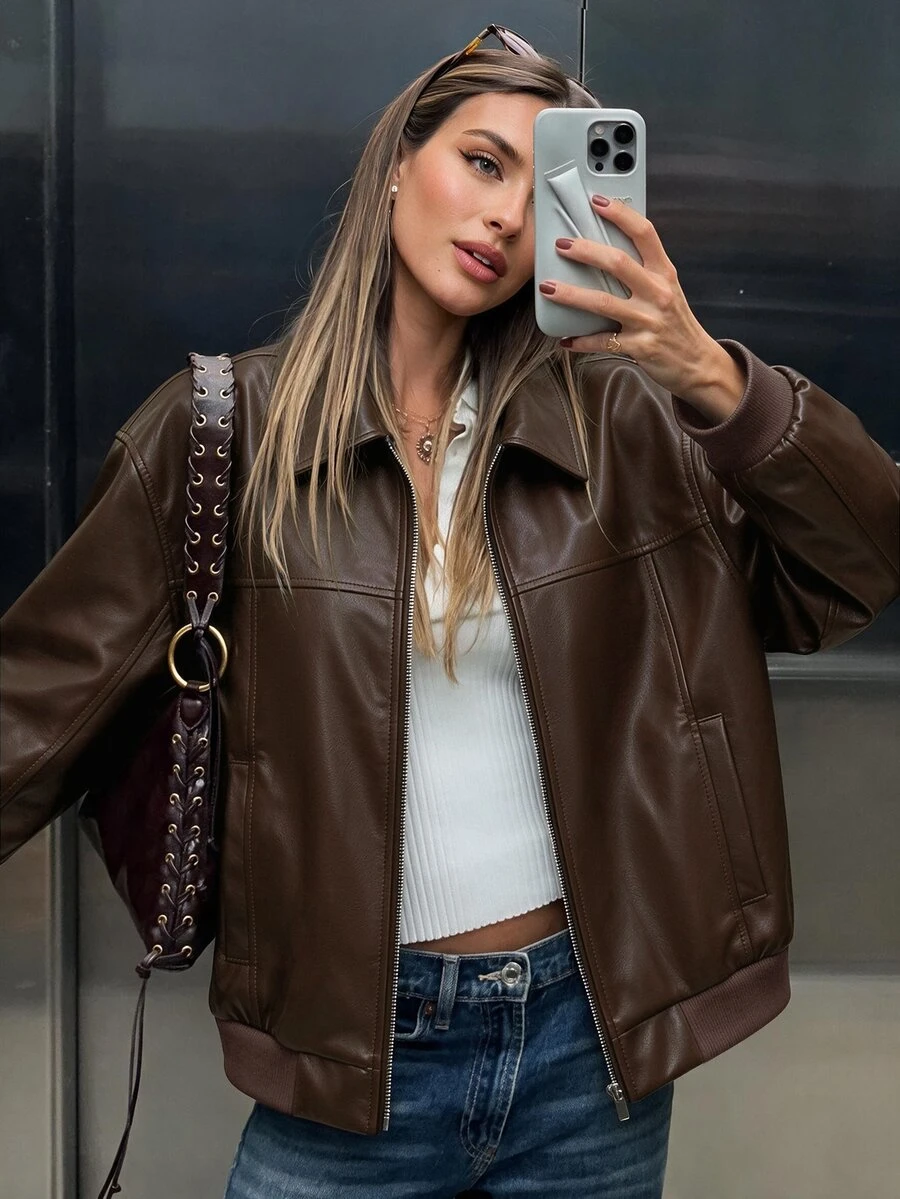 Avenya Minimalist Style Lapel Split Zipper Slightly Loose Textured Leather Jacket - Brown - View 1