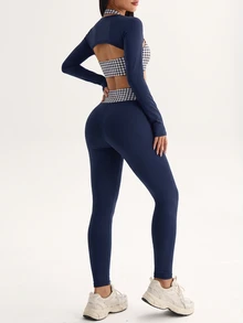 FavEase Women's Plaid Halter Neck Inner Top, Long Sleeve Cardigan And Long Pants Casual Daily Sports Set - Multicolor - View 5