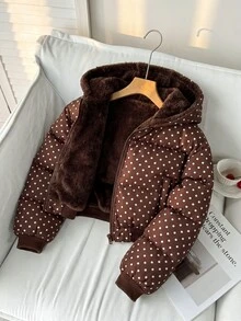 SHEIN 青少年女孩冬季新款黑色保暖內裡連帽短版羽絨外套 - 棕色 - 查看 6