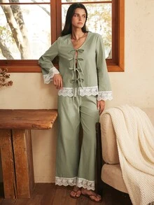 Lullawish Women's Bohemian Casual Vacation Romantic Pajama Set - Green - View 4