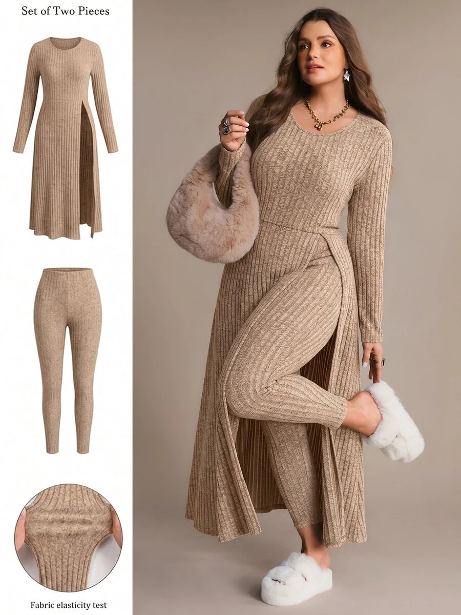 Freevana Ribbed Knit Two Pieces Set With Long Slit Tunic And Stretch Leggings, Cozy Loungewear-To-Streetwear Fall - Khaki - View 1