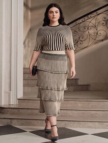 Anewsta Áo len dệt kim nữ size lớn cổ tròn đơn giản, phối kim tuyến mịn, sọc dọc, tay cánh dơi - Vàng - Xem 4
