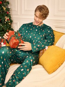 Notgurli Christmas Cartoon Print Round Neck Green Long Sleeve Green Pants Men's Loungewear Set - Dark Green - View 6
