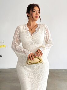 Firerie Plus Size Women's Lace Patchwork Elegant Waist-Cinching Party Dress - Apricot - View 2