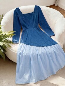 GlowEve Women's Square Neck Long Sleeve Elegant Fashion Denim Dress - Multicolor - View 2
