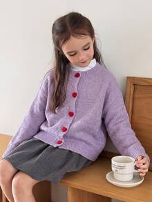 DAZY Áo cardigan nữ tween cổ tròn tay dài họa tiết trái tim cài nút màu trơn - Màu tím - Xem 6