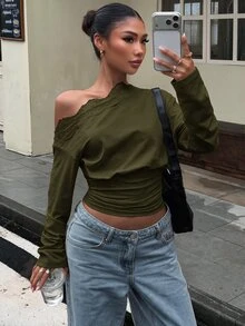 Muchica Women's Contrast Lace Asymmetric Shoulder Long Sleeve Fashion T-Shirt - Army Green - View 3