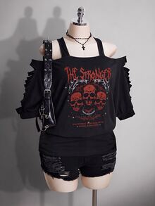SHEIN ICON 女款大尺碼黑色夏季 Grunge 風演唱會日常 Y2K 哥德龐克骷髏圖案鏤空破洞 2 合 1 T-shirt 音樂節穿搭 - 彩色 - 查看 7