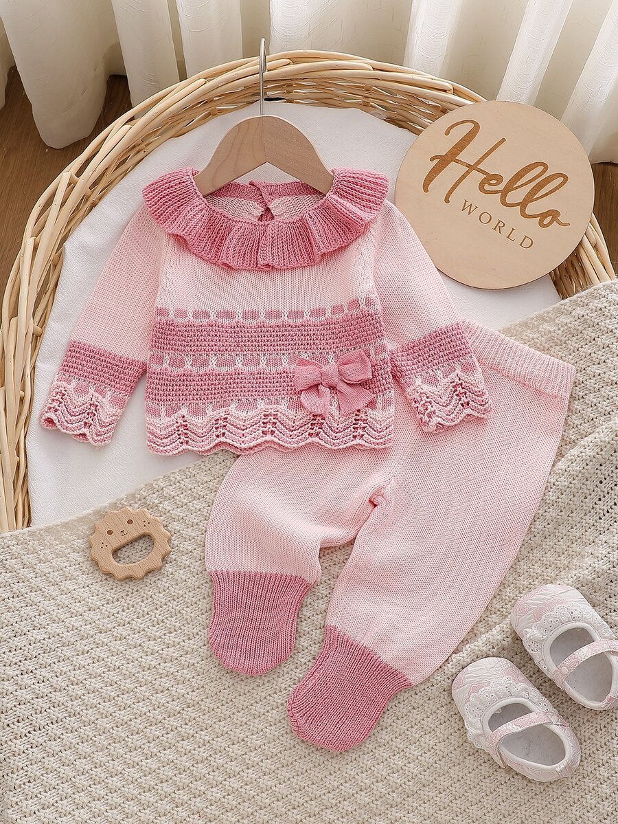 SHEIN Baby Girl Soft Knit 2 Pieces Outfit Set, Ruffled Collar Sweater And Pants, Cozy Stretchy , Sweet Princess Style For Infants, Autumn Winter Pullover - Pink - View 1