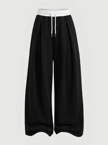 SHEIN 青少年女孩純色抽繩腰休閒百搭日常穿著長褲 - 黑色 - 查看 8