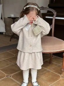 Dazy Kids Bộ áo cardigan cài nút ren và chân váy cho bé gái - Đỏ - Xem 4