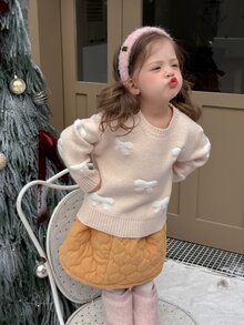 DAZY Infant/Toddler (Girl) Round Neck Long Sleeve Autumn/Winter Bow & Beaded Sweater - White - View 7