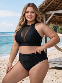 SHEIN CURVE+ Plus Size Women's Summer Beach Vacation Solid Color Contrast Mesh Halter Bikini Set - Black - View 3