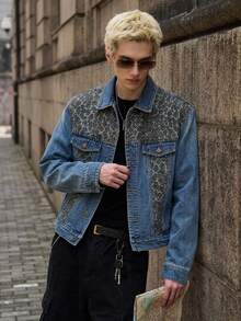 DAZY Men's Blue Washed Denim Jacket With Color Block Leopard Print Fabric, Spring/Autumn - Blue - View 5