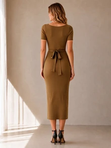Cévolie Gentle Style Square Neck Lace Long Sleeve Knit Dress With Waist Belt, Single-Breasted Button, Slit, Slimming Bodycon Mid-Length Dress - Mocha Brown - View 2