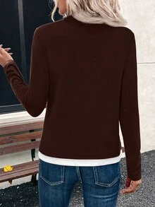EMERY ROSE 女款休閒拼接色長袖寬鬆二合一T恤，秋季 - 棕色 - 查看 2