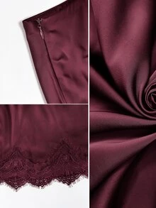 GlowEve CURVE Women's Plus Size Solid Color Satin Ruched A-Line Midi Skirt, Slimming Gentle Style, Spring/Summer Ruched Midi Skirt For Commute/Date, Elegant Commute Style Skirt, Fashionable Elegant Design, Suitable For Daily Wear, Commute, Date, Party, Home Leisure, Afternoon Tea, Outdoor Picnic - Burgundy - View 7