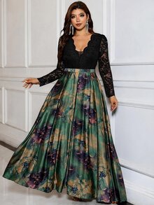 SHEIN Clasi 大尺碼女款對比蕾絲V領長袖優雅休閒洋裝，深綠色，適合秋季婚禮、婚禮賓客、正式早午餐 - 彩色 - 查看 4