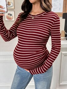 SHEIN 孕婦休閒條紋修身長袖T恤，適合秋季萬聖節秋冬休閒穿著 - 紅色 - 查看 8